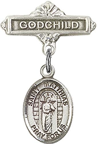 Značka za djecu od srebrnog srebra s amuletom Svetog Mateja apostola i pribadačom za kumče
