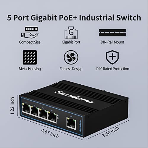 Scodeno 5 Port Gigabit Poe Industrial Ethernet Switch, 4 x Gigabit POE+ portovi, 1 x UpLink priključak, kapacitet za prebacivanje