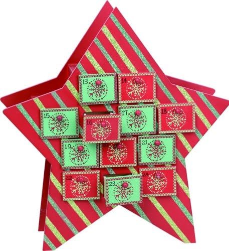Svečani drveni reverzibilni Božićni adventski kalendar u zelenim i crvenim prugama sa zvijezdom