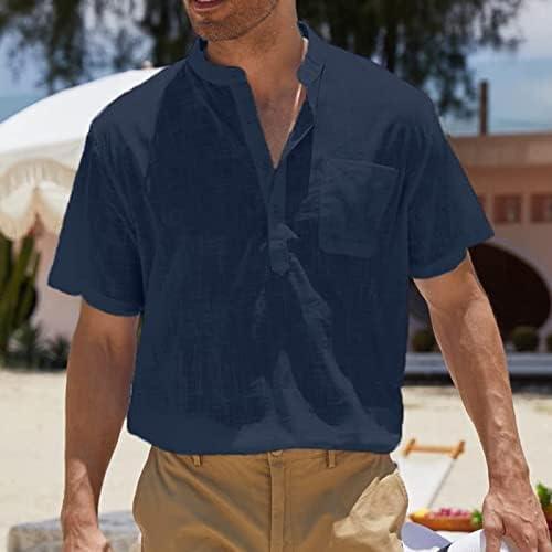 HDDK muške pamučne posteljine Henley majice kratki rukavi hipi hipi casual bez ovratnika ljetni odmor majica s džepom