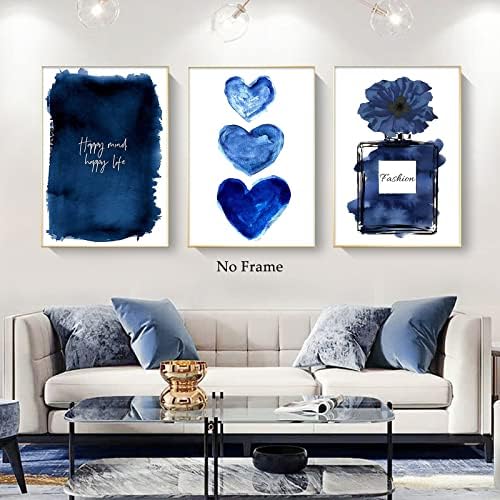Parfem modna umjetnost u obliku plavog srca slikanje parfem platno zidna umjetnost plava modna slika mornarsko plavo -bijelo