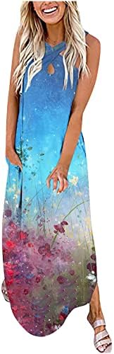 Ženska ležerna labava sundress duga haljina bez rukava u križnom uzorku cvjetna Maksi haljina ljetne haljine Za plažu s džepovima