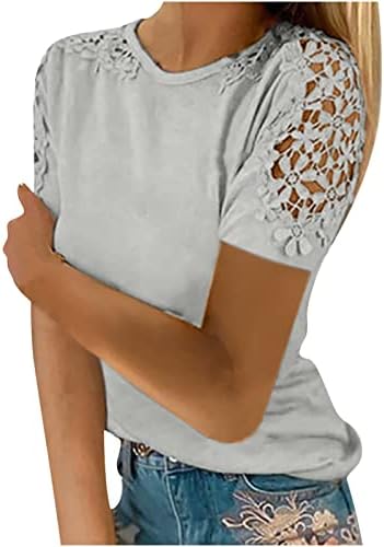 Ženske slatke čipkaste bluze gornje ljetne čipke kratkih rukava šuplje ležerno okrugli vrat majice sive