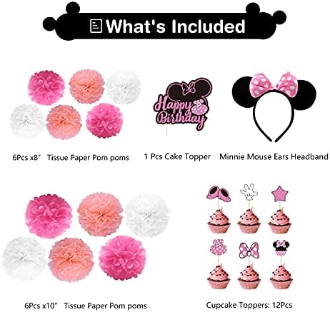 Pribor za rođendan Minnie - tematski ukrasi za rođendan Minnie Mouse uključuju transparent, pozadinu, poklopac torte, balone,