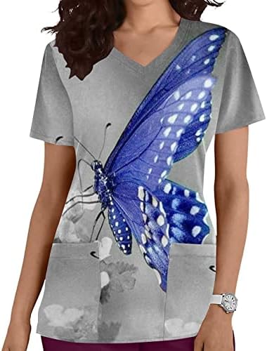 Scrub_tops za žene, kratki rukavi s V-izrezom leptir cvjetni tisak Radne uniforme Majice za odmor s džepovima