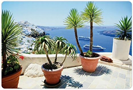 Prijenosna prostirka za kućne ljubimce za hranu i vodu, ljetni odmor na Santoriniju balkon s pogledom na stari vulkan Egejska