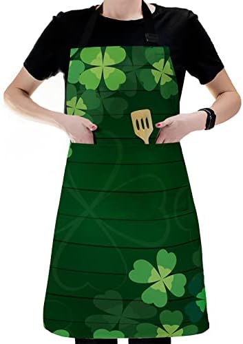 Leokoti St. Patrick's Day Pregače za žene muškarce s 2 džepa, sretna Clover Green Vintage Wood Vodootporna kuhinja Pregača