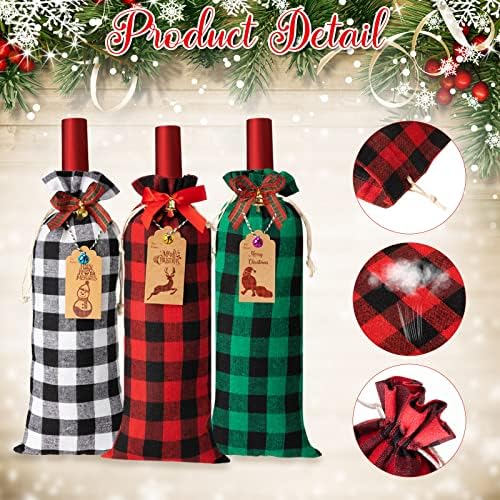 12pcs božićne vrećice s vrećicama za vino s vezicama, vrećice za vino s kariranim vrećicama od 12 mini božićnih mašni, 12