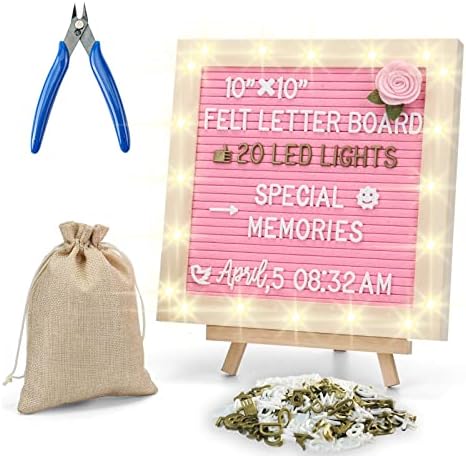 LED osvijetljena ružičasta ploča za slova od filca - rustikalna oglasna ploča od 10 inča od 10 inča s više od 400 zamjenjivih