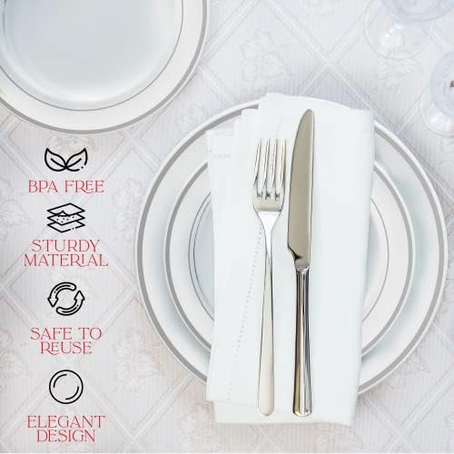 60 plastičnih tanjura sa srebrnim rubom-Plastični tanjuri za svadbene proslave, uključujući 30 plastičnih tanjura za večeru