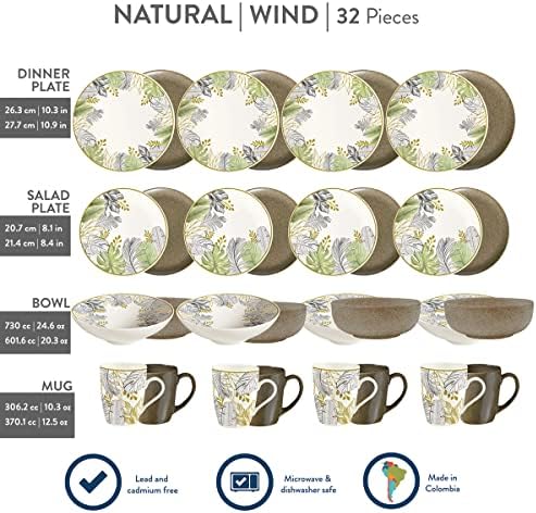 Korona pribor za večeru za 8 | Paket prirode | Prirodni + set vjetra | Reaktivna glazura + dizajn lišća | Set de Vajillas