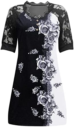 LCZIWO Ljetna ležerna haljina za majice za žene cvjetna čipkasta ruka s kratkim rukavima gumb za tuniku prednja tiskana kratka