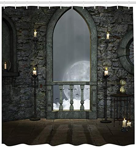 Ambasonne Gotička zavjesa za tuširanje, Ptice punog mjeseca fantazija Old dvorac Balkon za paljenje svijeće u umjetnosti,