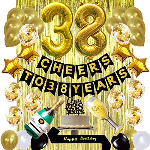 Zlatni 38. rođendanski ukrasi, navijači na 38 godina balona natpisa, 38. kolač za rođendan, zlatni kotač folije fringe zavjese,