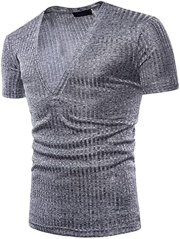 Muški pleteni duboki v vrat pulover mišić kratkih rukava vitki fit nisko rezani rastezljivi majica čvrsta boja rebrasti vrh