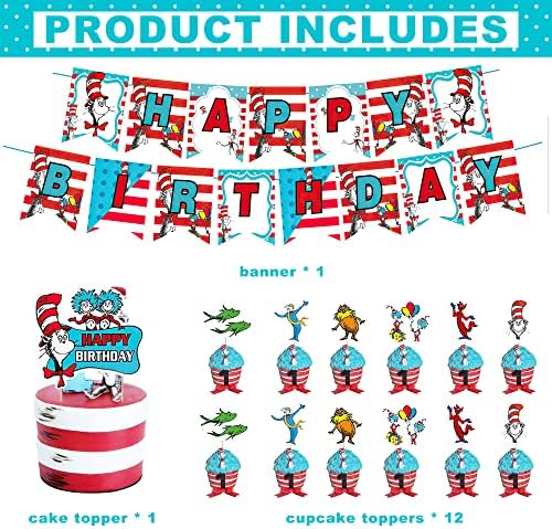 Ukrasi za rođendanske zabave dr. Seussa, pribor za tematsku zabavu mačka u šeširu s natpisom Sretan rođendan, toperi za kolače,
