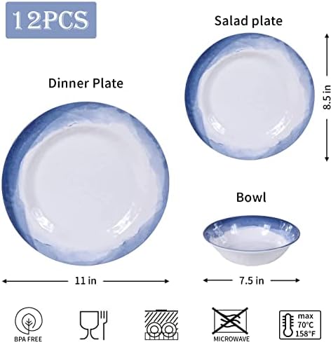 Melaminski setovi za večeru- 12pcs melaminski tanjuri i zdjele postavljene za 4, pogodne za unutarnju i vanjsku upotrebu,
