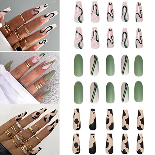 * 3 paketa lažnih noktiju s dugim pritiskom zeleni + kravlji otisak + KOVITLANI lažni nokti za žene, lažni nokti u obliku
