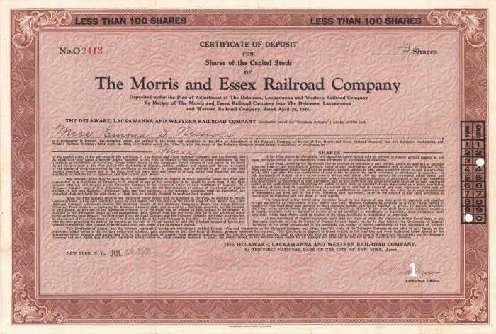 Željeznička tvrtka Morris end Esseks - potvrda o skladištu