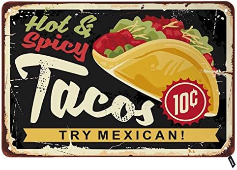 Limeni natpisi, vruća i začinjena Meksička kuhinja s ukusnim tacosima na tamnoj pozadini, Vintage metalni Limeni natpis za