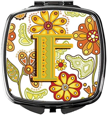 Caroline's Treasures CJ2003-FSCM Letter F Kompaktna ogledalo s cvjetnim uzorkom senfa i zelene boje, dekorativna cestovna