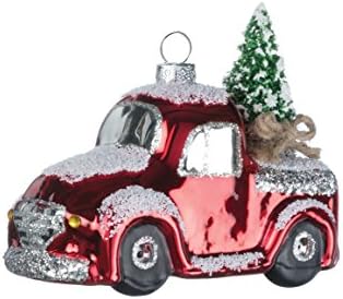 Vintage Crveni kamion s božićnim drvcem 4 inča snježne staklene božićni ukras