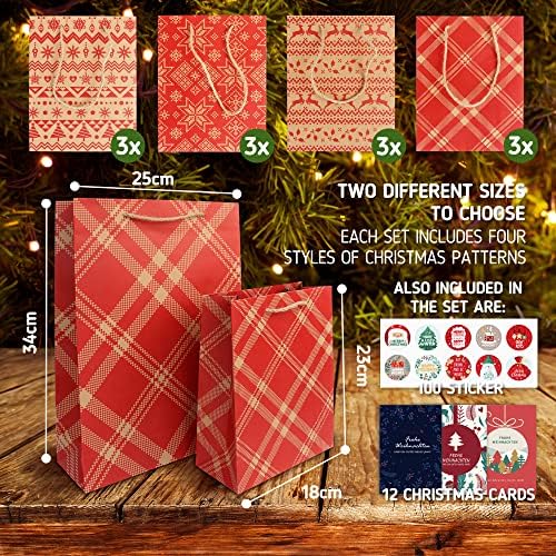 BIROYAL 12-PACK božićne poklon vrećice, 4 dizajna božićnih kraft papirnatih vrećica s ručkama, božićne poklon vrećice, božićni