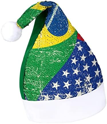 Zastava Brazila i SAD-a smiješni Božićni šešir sa šljokicama Šeširi Djeda Mraza za muškarce i žene Božićni blagdanski ukrasi
