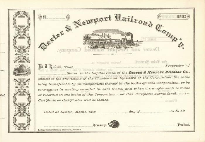 Dexter and Newport Railroad Co. - Potvrda o skladištu