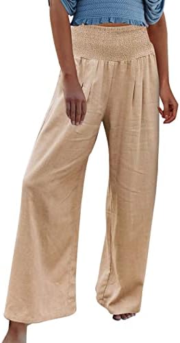 Ljetne Ležerne lanene hlače za žene labavog kroja, ravne hlače visokog struka, duge hlače s džepovima, udobno dno