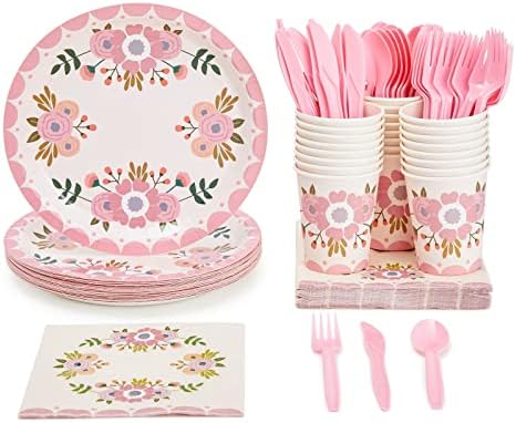 144 komada ružičastih cvjetnih potrepština za zabave, cvjetni tanjuri, salvete, šalice, pribor za jelo za tuširanje za bebe,
