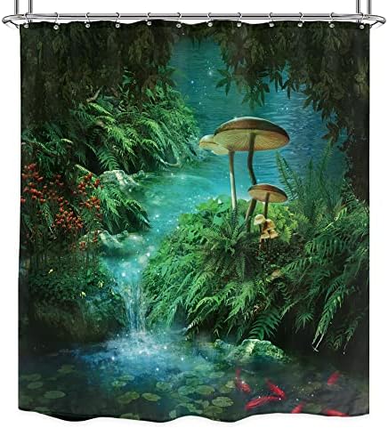Riyidecor fantasy gljiva zavjesa za tuširanje 72wx72h inča vilinska šuma gotička ploča džungla zelena zen rijeka dekor kupaonica