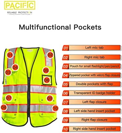 Pacifički PPE 10 džepova visoke vidljivosti s patentnim zatvaračem prednji prsluk s reflektirajućim trakama, zadovoljava