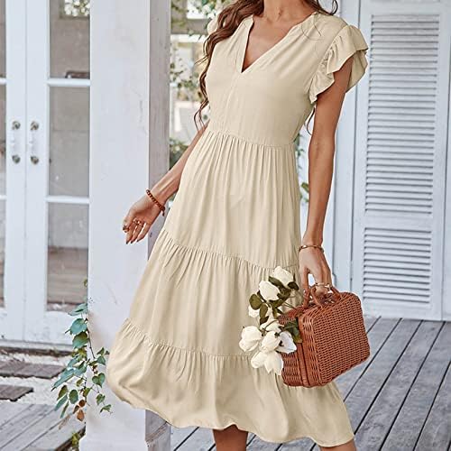 LMDUDAN 2023 Ljetne proljetne haljine za žene Kratki rukavi Čvrsta boja Linija Swing Midi haljina Elegantna haljina od solidne
