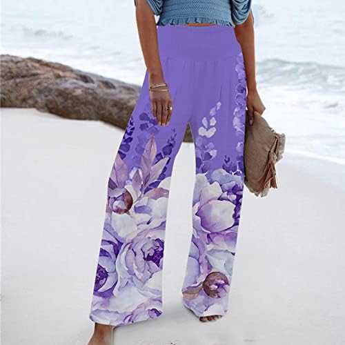 LCEPCY ženske udobne tiskane hlače visokog struka s naboranim širokim nogama labave ležerne lagane ljetne hlače na plaži