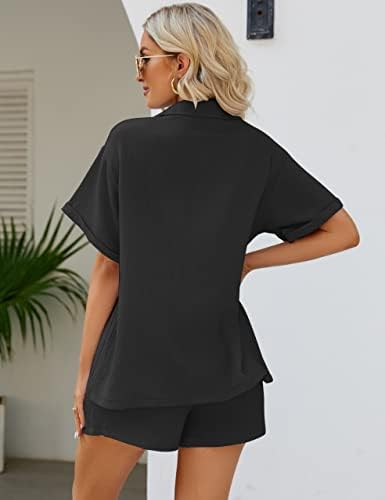 Flygo ženske dvodijelne košulje sets sets kratki rukavi ljetni ležerna lanena košulja elastični struk kratki setovi odjeće