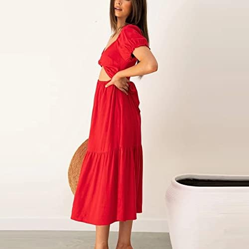Nokmopo ženske haljine kratki rukavi Čvrsta rub split haljina zip V-izrez šuplje midi haljina 2022