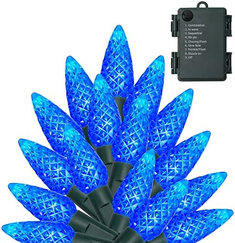 Joliyooou plava božićna nizova svjetla, 16ft 50 LED C6 blagdanska lampica s 8 modova rasvjete, baterija s baterijskim vilinskim