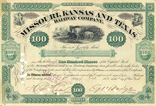 Željeznička tvrtka Missouri, Kansas i Teksas koju je potpisao Grenville M. Dodge-potvrda o dionicama