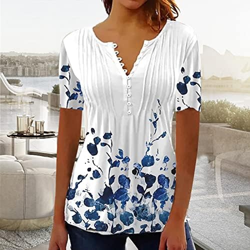Ženski cvjetni tiskani tunični vrhovi v vrat kratki rukavi naplati majice modni ljetni vrhovi lagani protočni gumb gore bluze