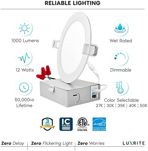 5-inčna ultra tanka LED ugradbena svjetiljka s razvodnom kutijom, 12 vata, 5 boja za odabir, 2700k-5000k, 1000 lumena, LED