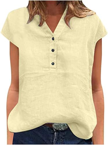Modna lanena majica za žene v vrat gumb kratki rukavi majice majice Čvrsta boja labave košulje 2023 Ljetne bluze