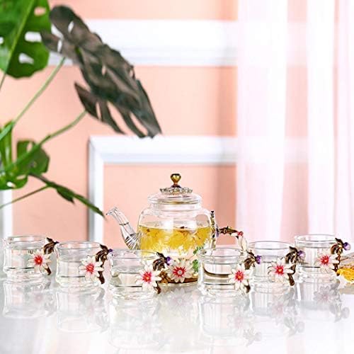 Ouyee mini caklina toplina reziant stakleni čaj čaj s 6 maštovitih šalica, zlatni lišće rub ruba lorful cvjetni cvjetni cvjetni