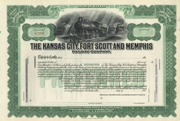 Grad Kansas, Fort Scott i željeznička tvrtka Memphis-potvrda o skladištu