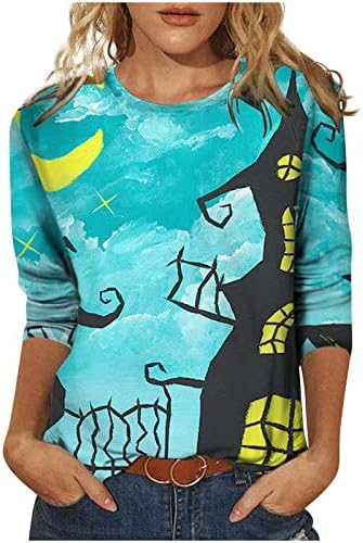 Narhbrg Womens Halloween bluza vrhovi casual, ženske 3/4 vrhove rukava slatka mačja majica za tiskanu majice casual labave