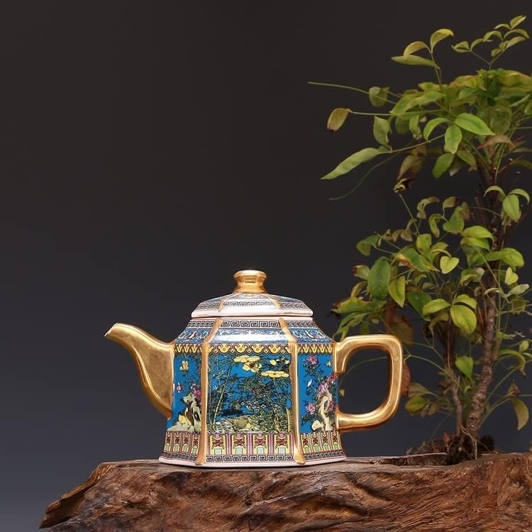 SDGH Emajl zlatni čajnik s ručicom šesterokutni čajnici s cvjetovima i pticama uzorak drevni porculan