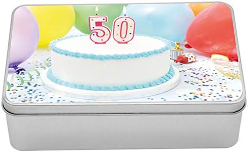 AMBESONNE 50. rođendanska kutija, bijela ukusna torta na stolu sa šarenim zabavama na balonima, prijenosni pravokutni organ