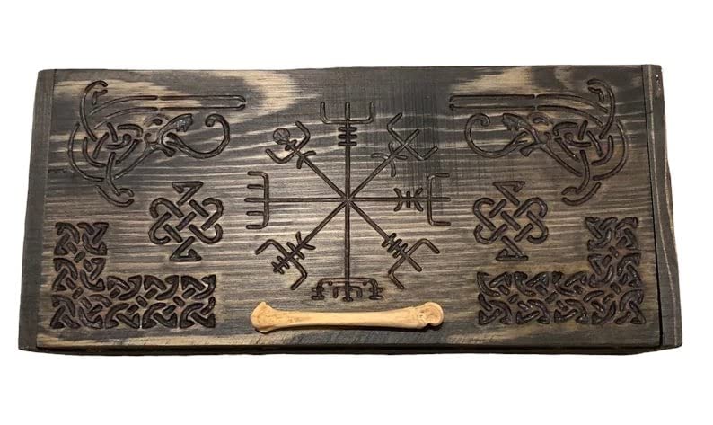 Vegvisir tamjan Oltar Box Norse Viking Pagan Heathen Knotwork Bone Ebony Viking Compass Wayfinder Galdrastafir