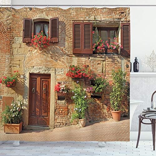 Ambasonne toskanska zavjesa za tuširanje, slikovite trake s mediteranskom arhitekturom cvjetovi talijanski grad, tkanina