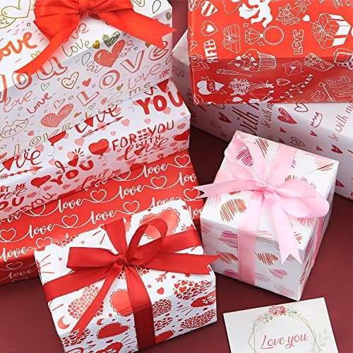 Poklon papir za omatanje za Valentinovo 7 listova set od 7 dizajnerskih crveno-bijelo-ružičastih srca smiješni Ljubavni papir